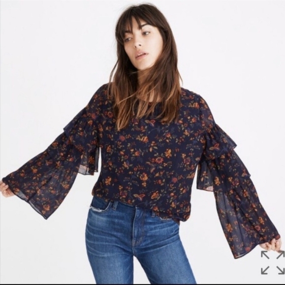 Madewell • Ruffled Tiered Sleeve Floral Blouse Navy Climbing Vine Women's Small - Picture 2 of 9